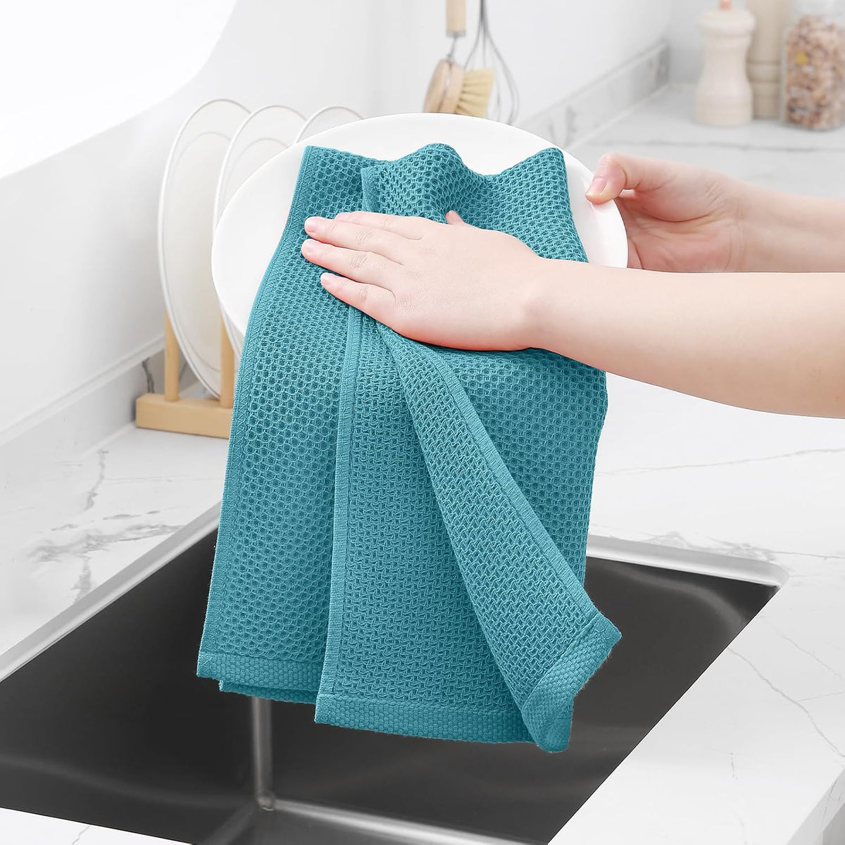 Homaxy 100% Cotton Waffle Weave Kitchen Dish Towels 6-Pack, Lake Blue | 13 x 28 Inches, Ultra Soft Absorbent Dish