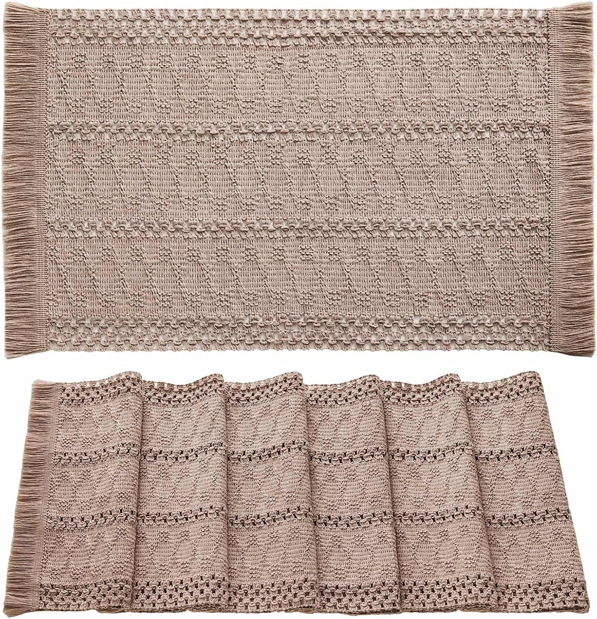 Macrame Style Boho Placemats Set of 6, Taupe 12x20 Inch | Decorative Farmhouse Table Mats, Natural Cotton Woven Place
