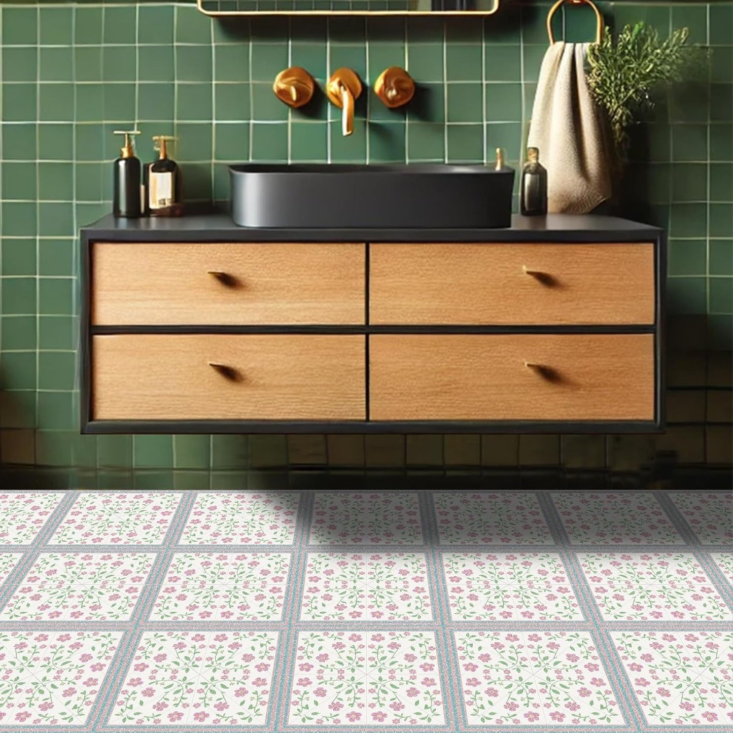 Light Green Leaves Floor Tiles Peel and Stick Removable / 12 x 12 / Pink Vine Flowers / Set of 10