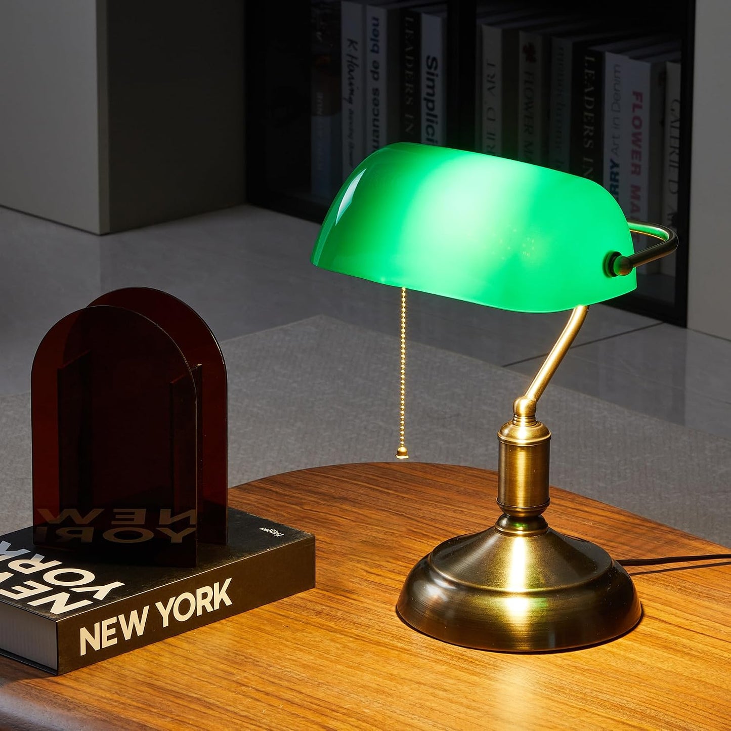 Bankers Lamp, Green Desk Lamp with Pull Chain Switch, 3 Lighting Color Mid Century Banker's Desk Light for Home Office
