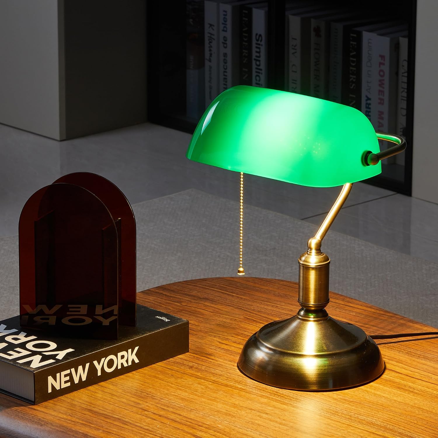 Bankers Lamp, Green Desk Lamp with Pull Chain Switch, 3 Lighting Color Mid Century Banker's Desk Light for Home Office