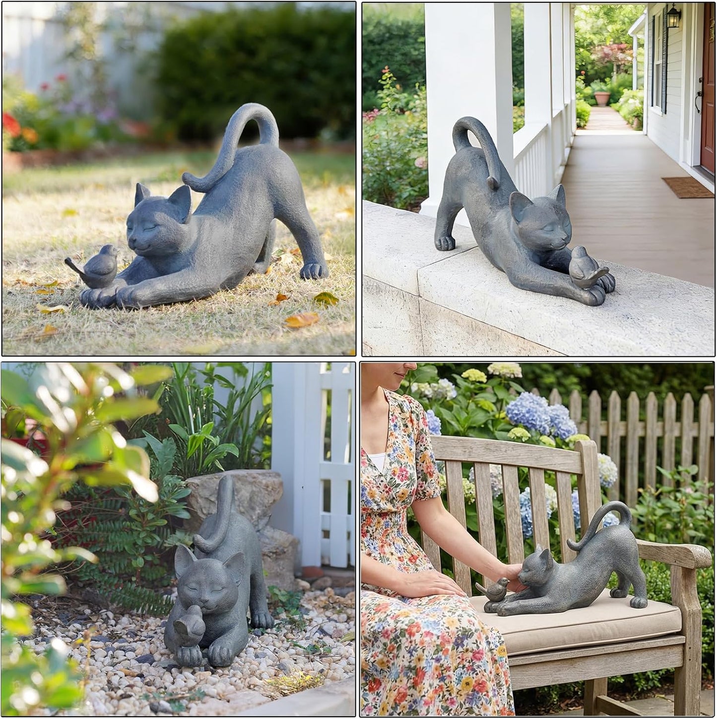 Cat Garden Statues Outdoor Cat-Figurines / Cat with Bird / 16 x 6 x 9.5