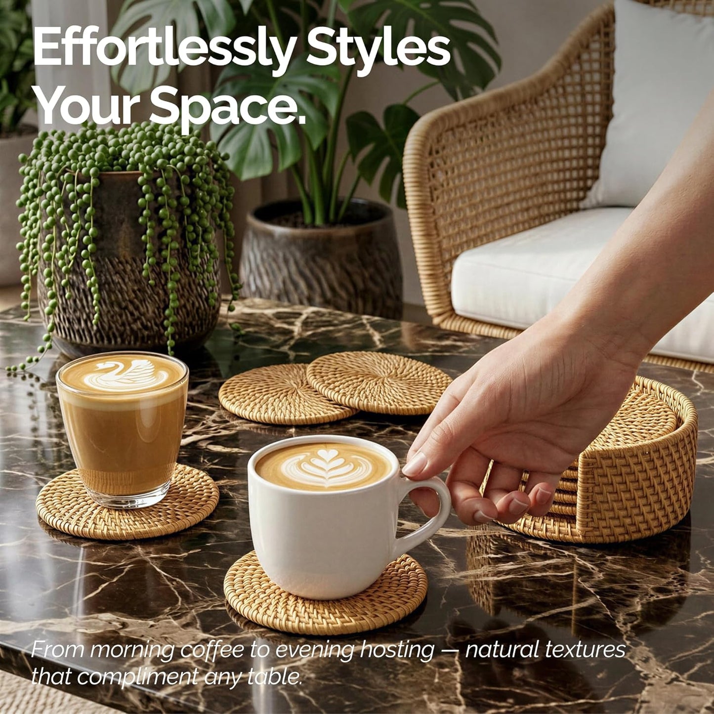 Handmade Rattan Coasters for Drinks & Holder • Natural Round Woven / Natural Honey / Set of 6