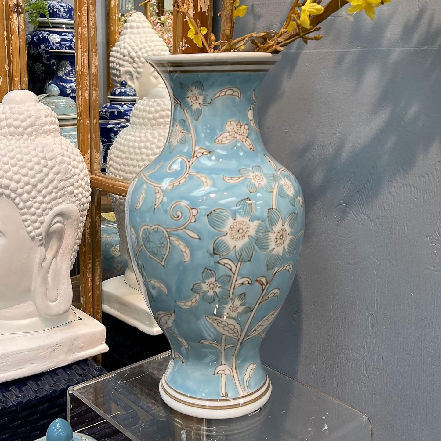 Light Blue and White Flower & Heart Chinoiserie Ceramic Vase 14"- Hand / Light Blue & White Flower