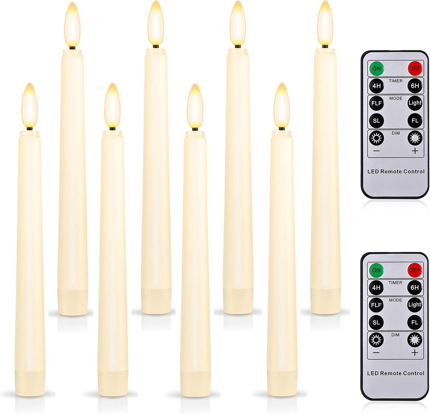 FPOO 8PCS Flameless Flickering Taper Candles with 2 Remote Control and Timer, 8 Inch 3D Wick Floating Flickering Flame