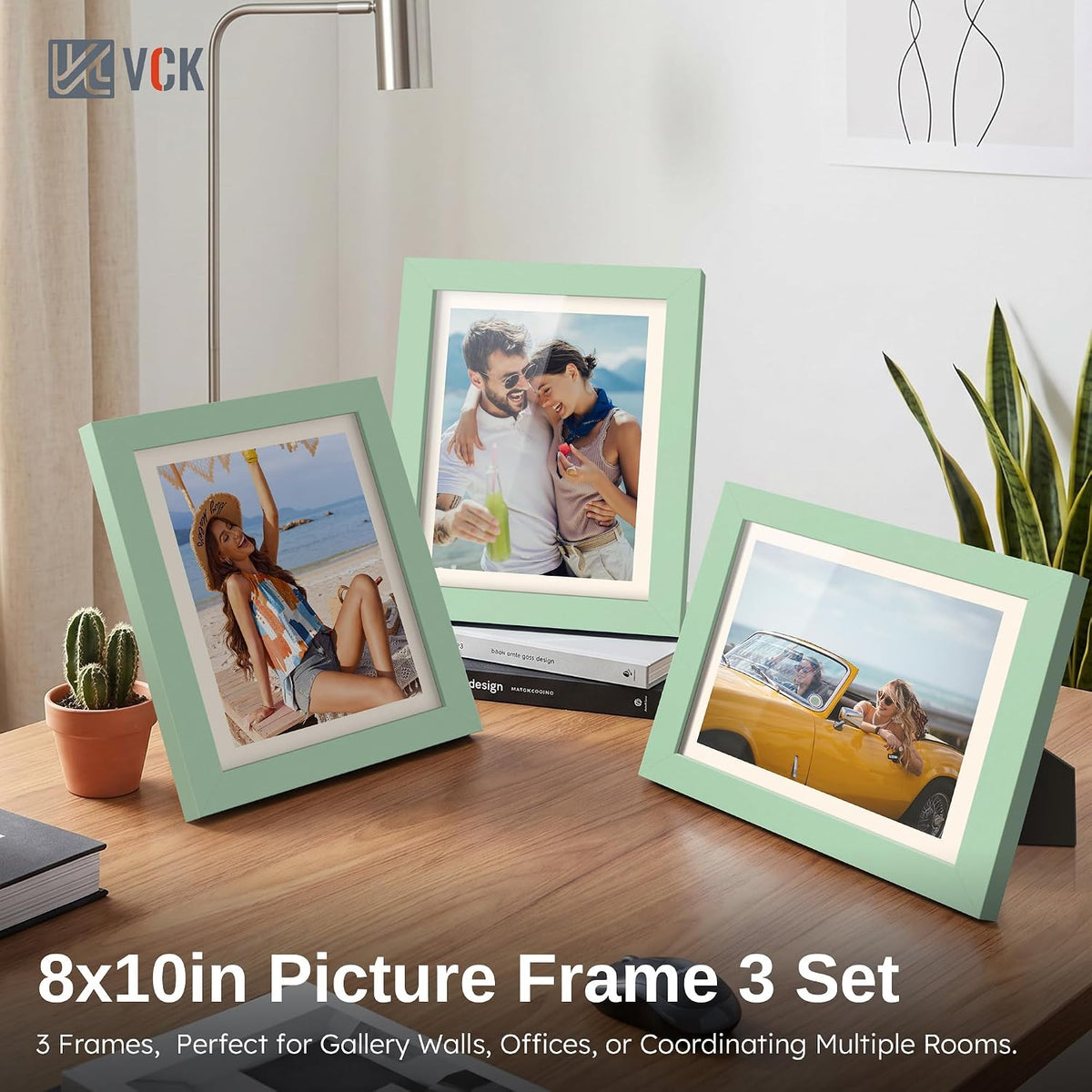 VCK 8x10 Picture Frame Set of 3 - Green, Wide Border Solid Wood Frame, Display Pictures in Horizontal and Vertical, for