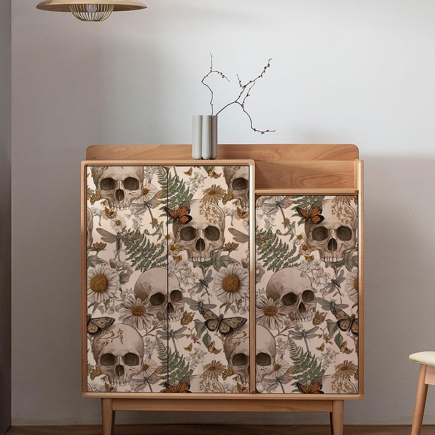 Skulls and Vintage Botanical Peel and Stick Wallpaper / 17.7 x 118.1 / Green/browns/white