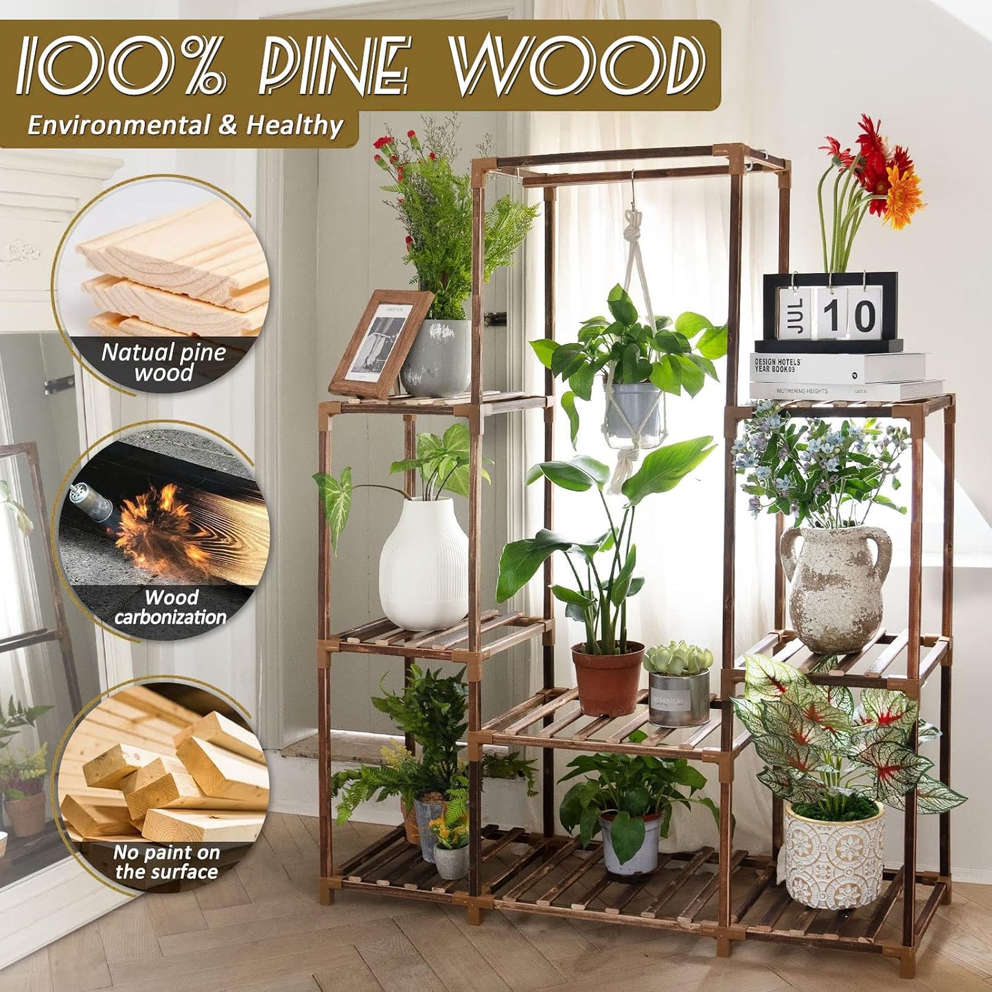 Plant Stand Indoor Outdoor, 8 Tiered Plant Shelf Wood Plant Rack | Tall Plant Holder for Multiple Plants, Large Ladder