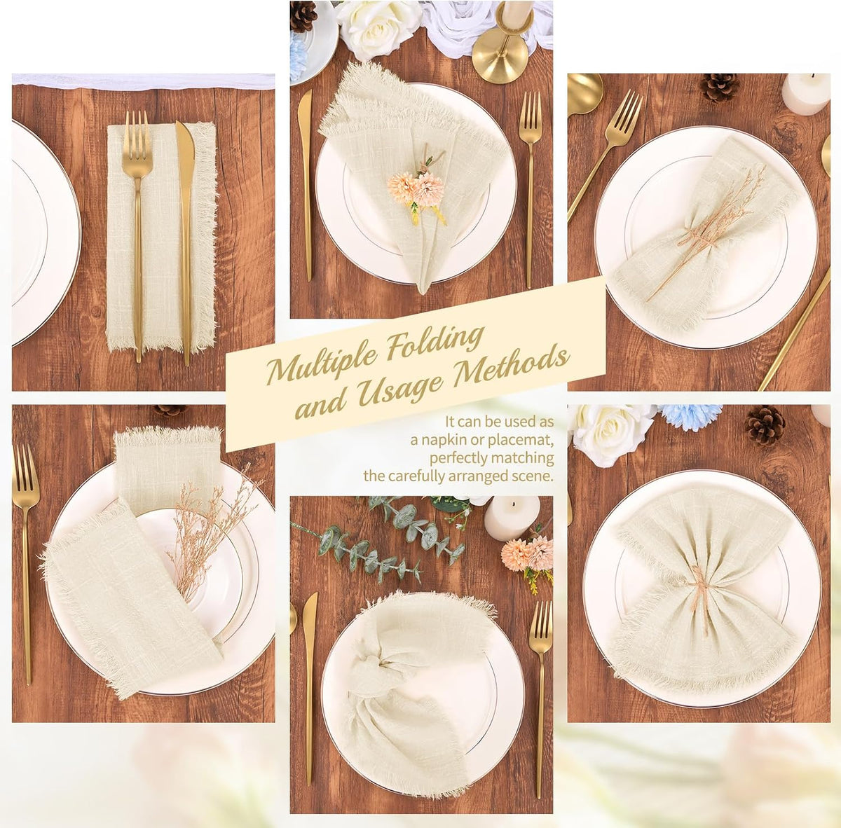 Pesonlook 30 PCS Cotton Linen Napkins with Fringe,16x16Inch, Natural Linen | Handmade Napkins Cloths, Tassel Design