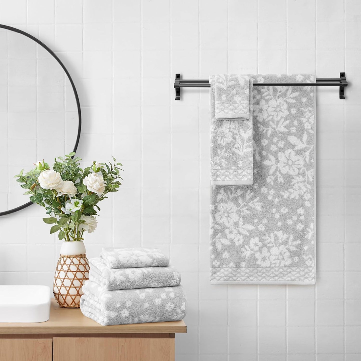 Lucky Brand Folk Floral 6 Piece Bath Towel Set - (2) Bath Towels, (2) Hand Towels, and (2) Washcloths - Glacier Grey