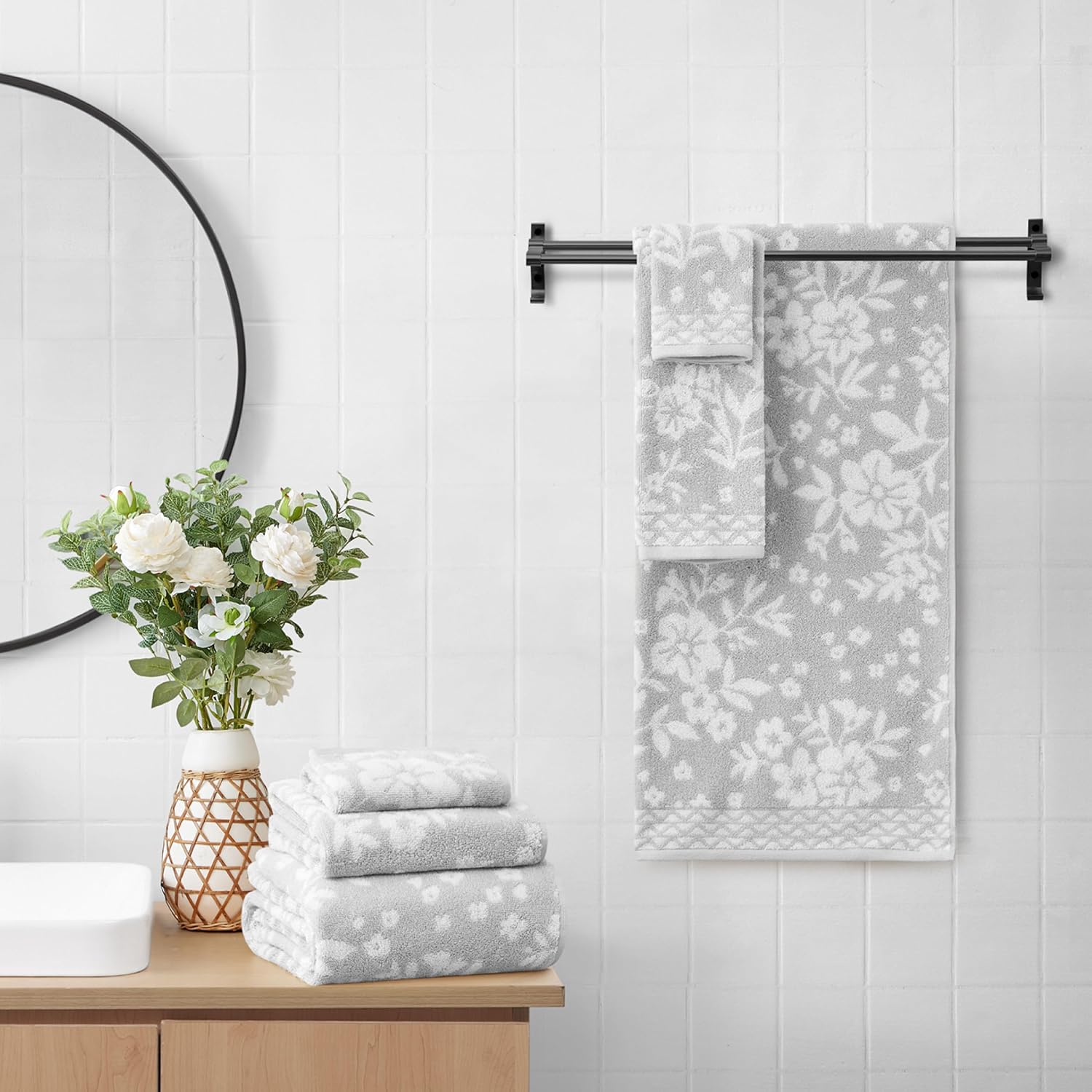 Lucky Brand Folk Floral 6 Piece Bath Towel Set - (2) Bath Towels, (2) Hand Towels, and (2) Washcloths - Glacier Grey
