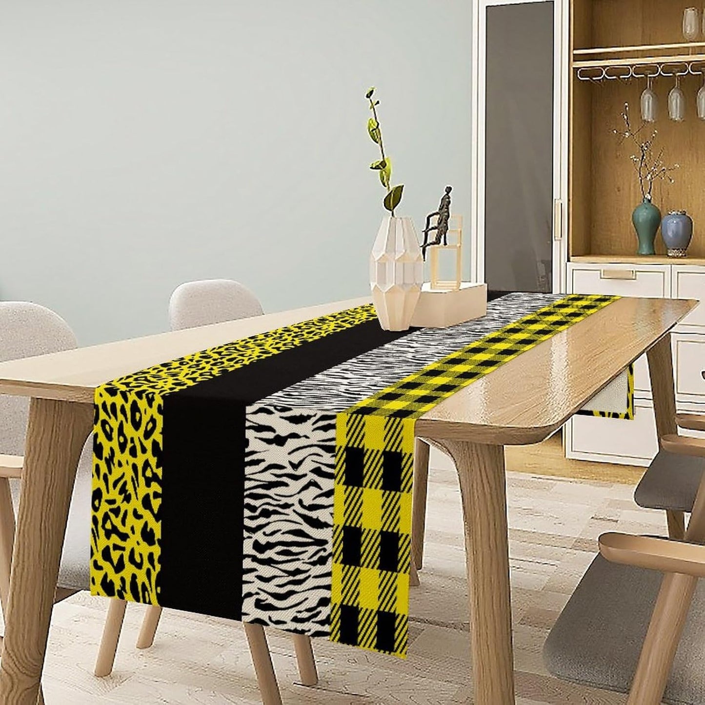 Leopard Print Table Runner Yellow Black Zebra Stripe Cheetah Print African Wildlife Pattern Geometric Splice Pattern