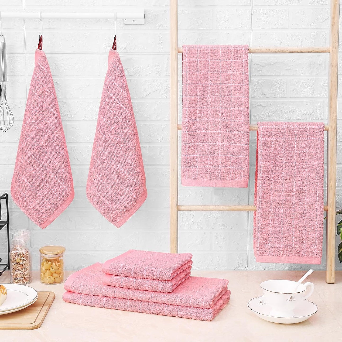 Homaxy Kitchen Towels and Dishcloths Set, Set of 12, Pink | Bulk Cotton Terry Kitchen Towels, Checkered Designed, Soft