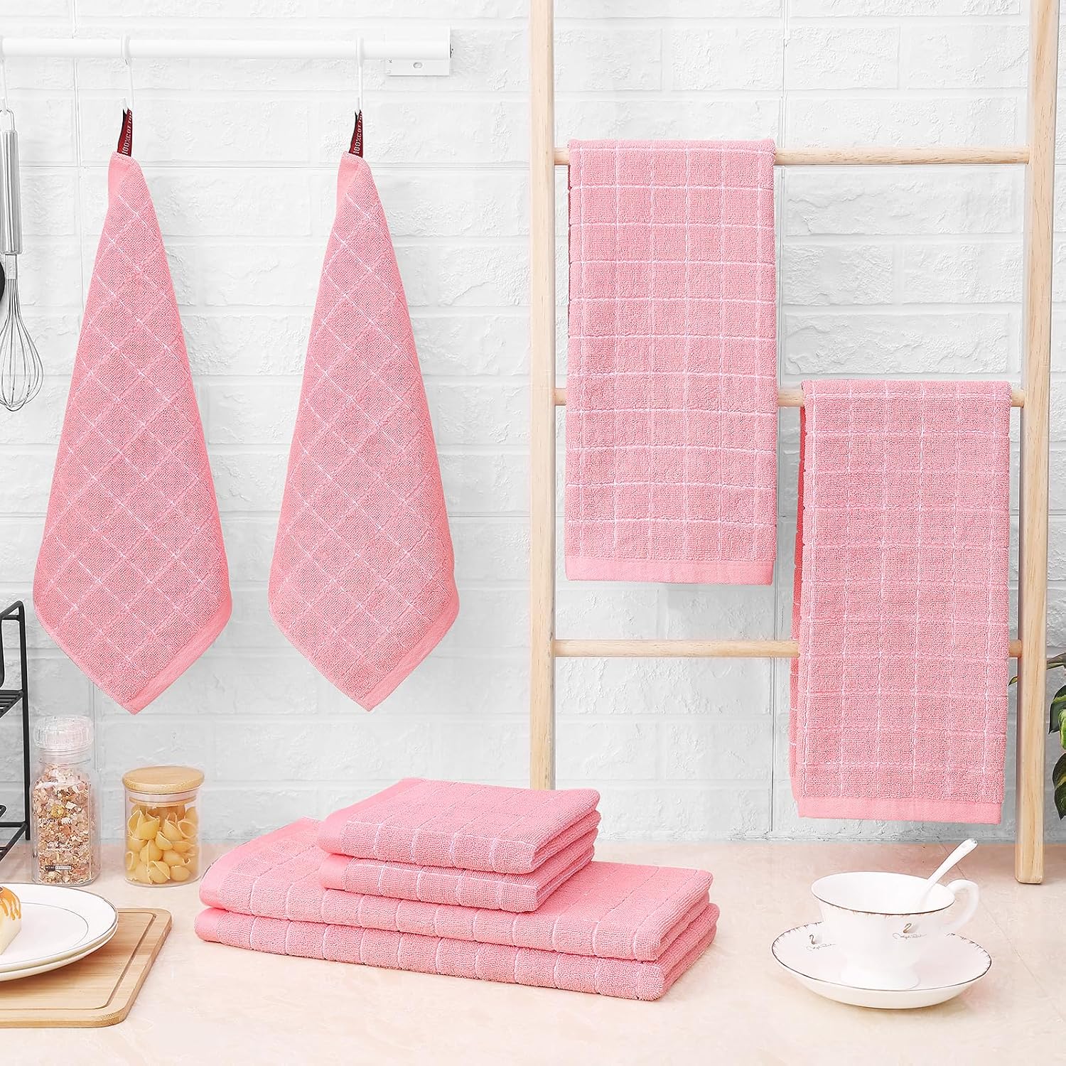 Homaxy Kitchen Towels and Dishcloths Set, Set of 12, Pink | Bulk Cotton Terry Kitchen Towels, Checkered Designed, Soft