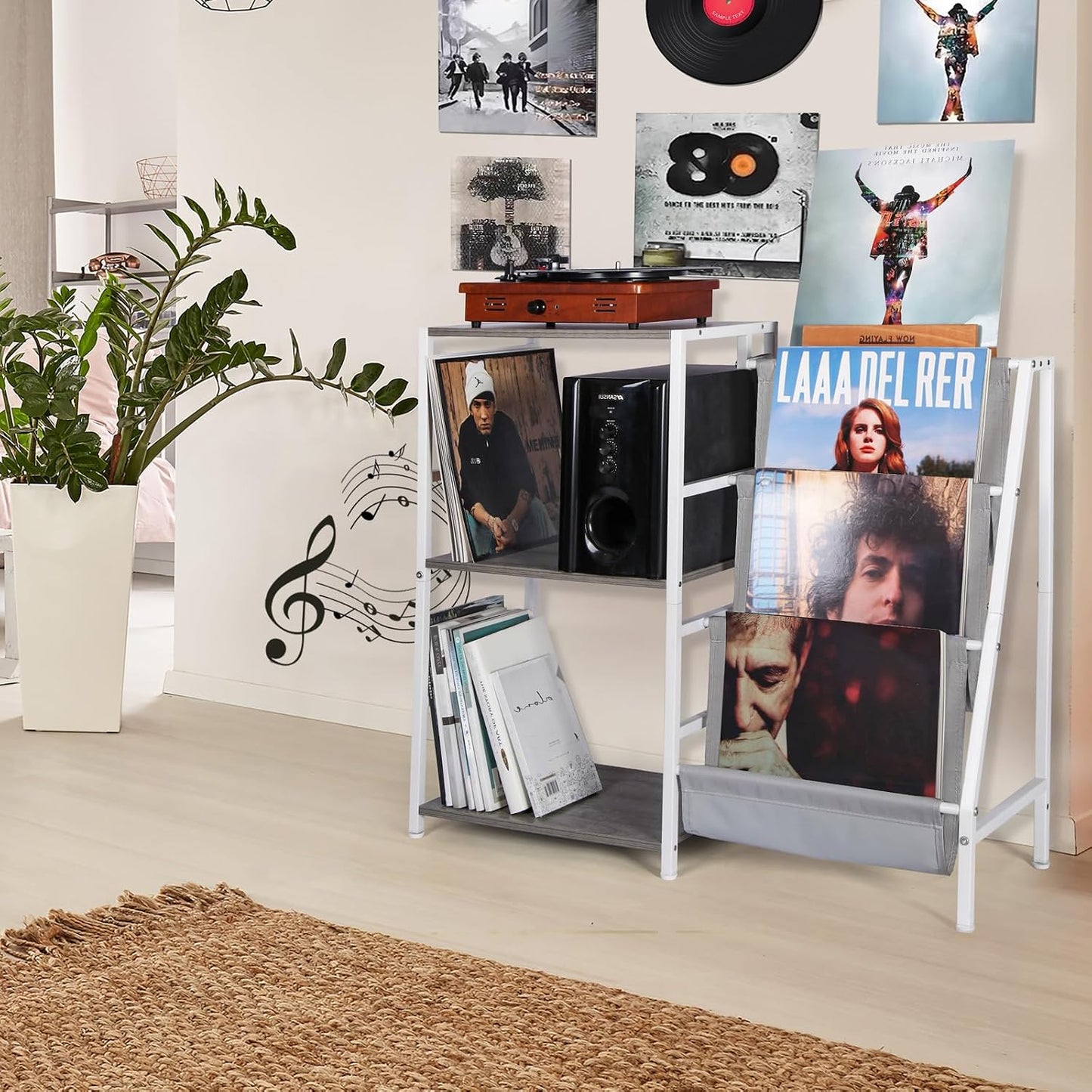 HYCFYJR Record Player Stand, Vinyl Record Storage with Now Playing Holder | 3 Tier Turntable Stand with Album Storage