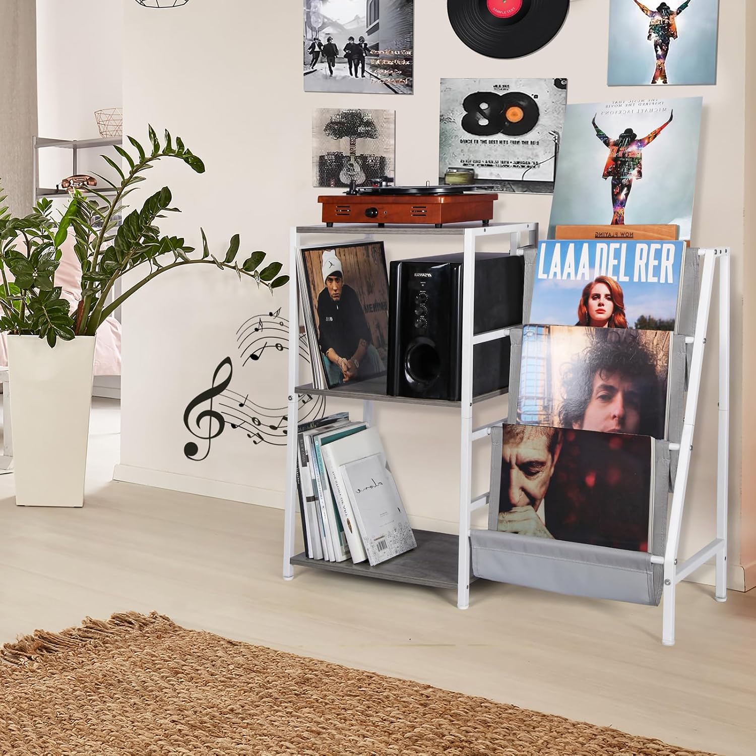 HYCFYJR Record Player Stand, Vinyl Record Storage with Now Playing Holder | 3 Tier Turntable Stand with Album Storage