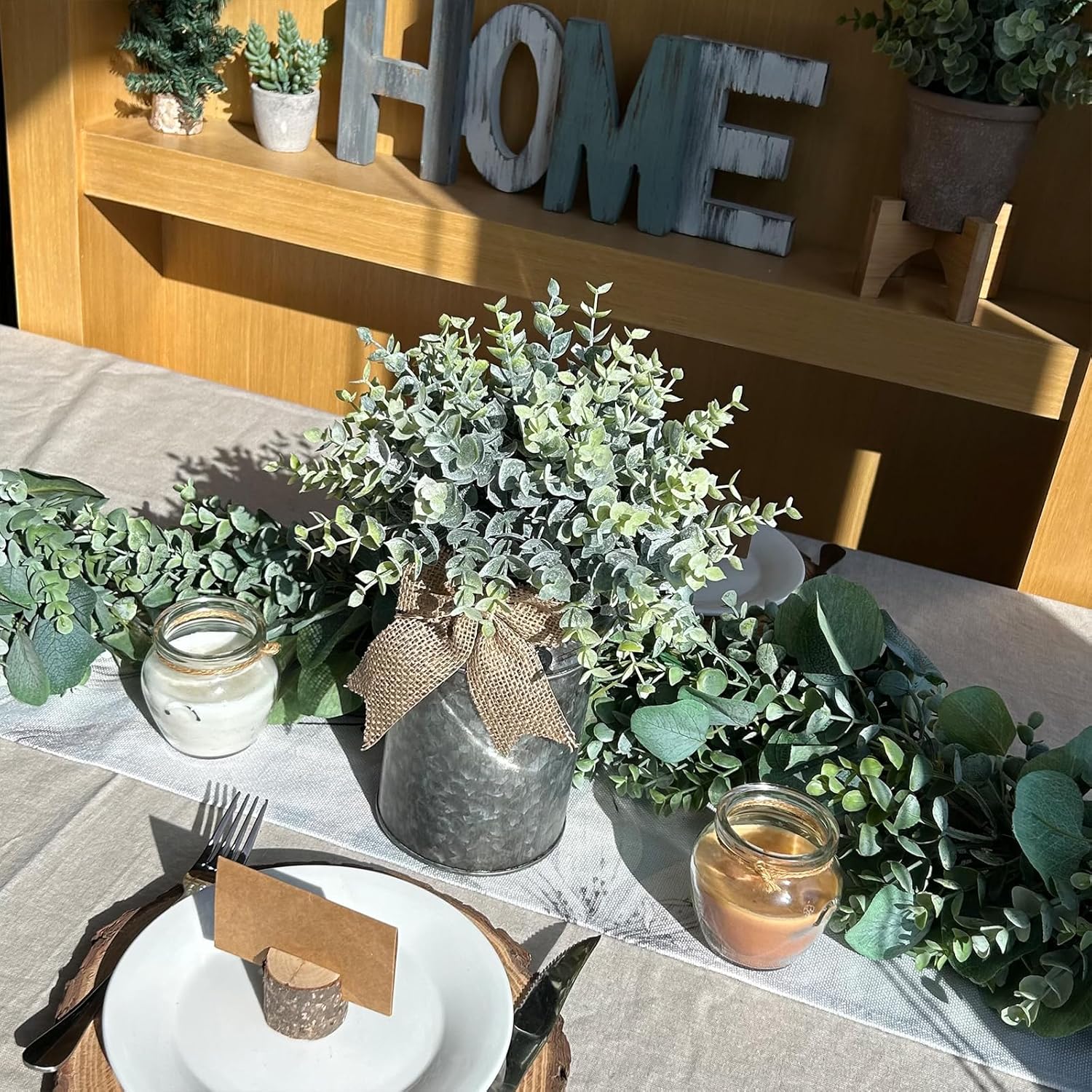 Farmhouse Faux Eucalyptus Arrangement Centerpiece Rustic Galvanized Metal Milk Can Vase Artificial