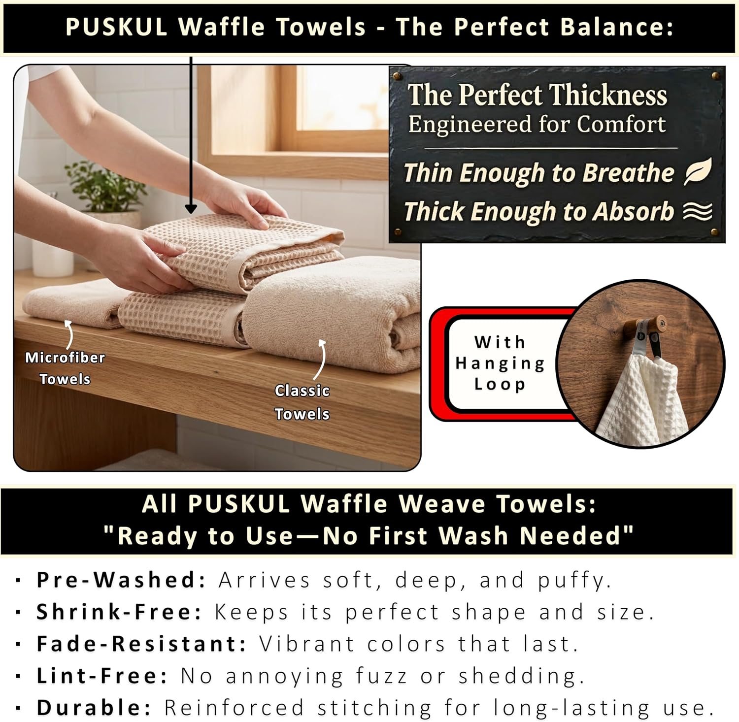 PÜSKÜL Natural 100% Turkish Cotton Waffle Bath Towels Set of 2, Extra-Large | Beige, Oversize 32x63" Bath sheet towel