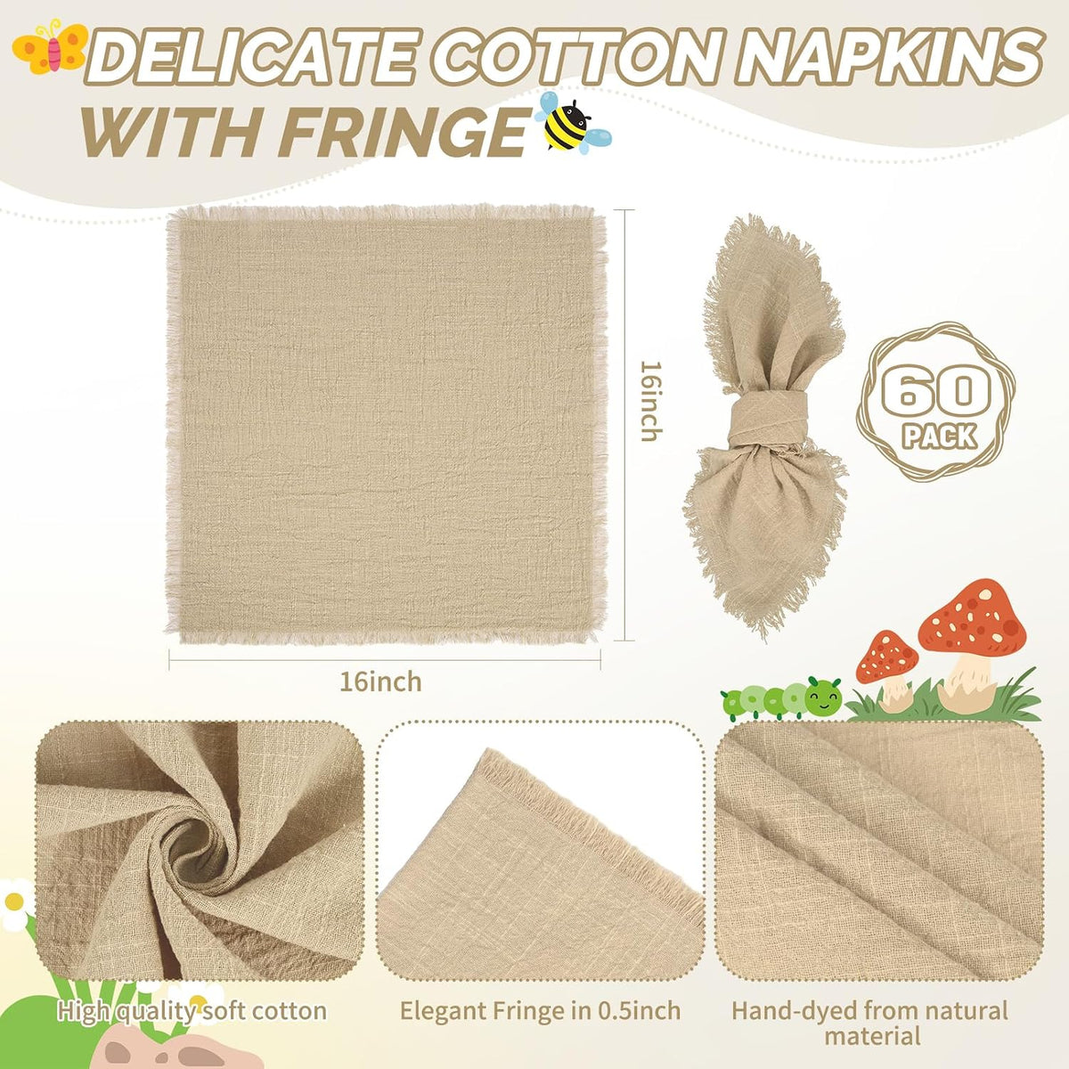 Showgeous 60 Pack Caramel Cloth Napkins with Fringe, 16x16 inch 100% Cotton | Caramel Napkins Handmade Dinner Napkins