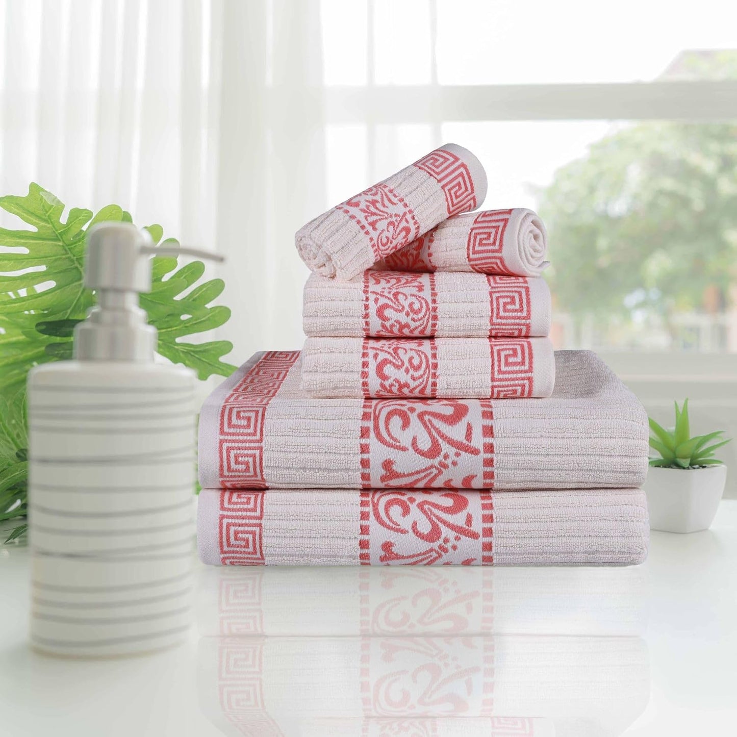 Superior 6-Piece Cotton Towel Set, Decorative Greek Pattern, Home Essentials, Absorbent Towels, Bathroom Decor, Spa
