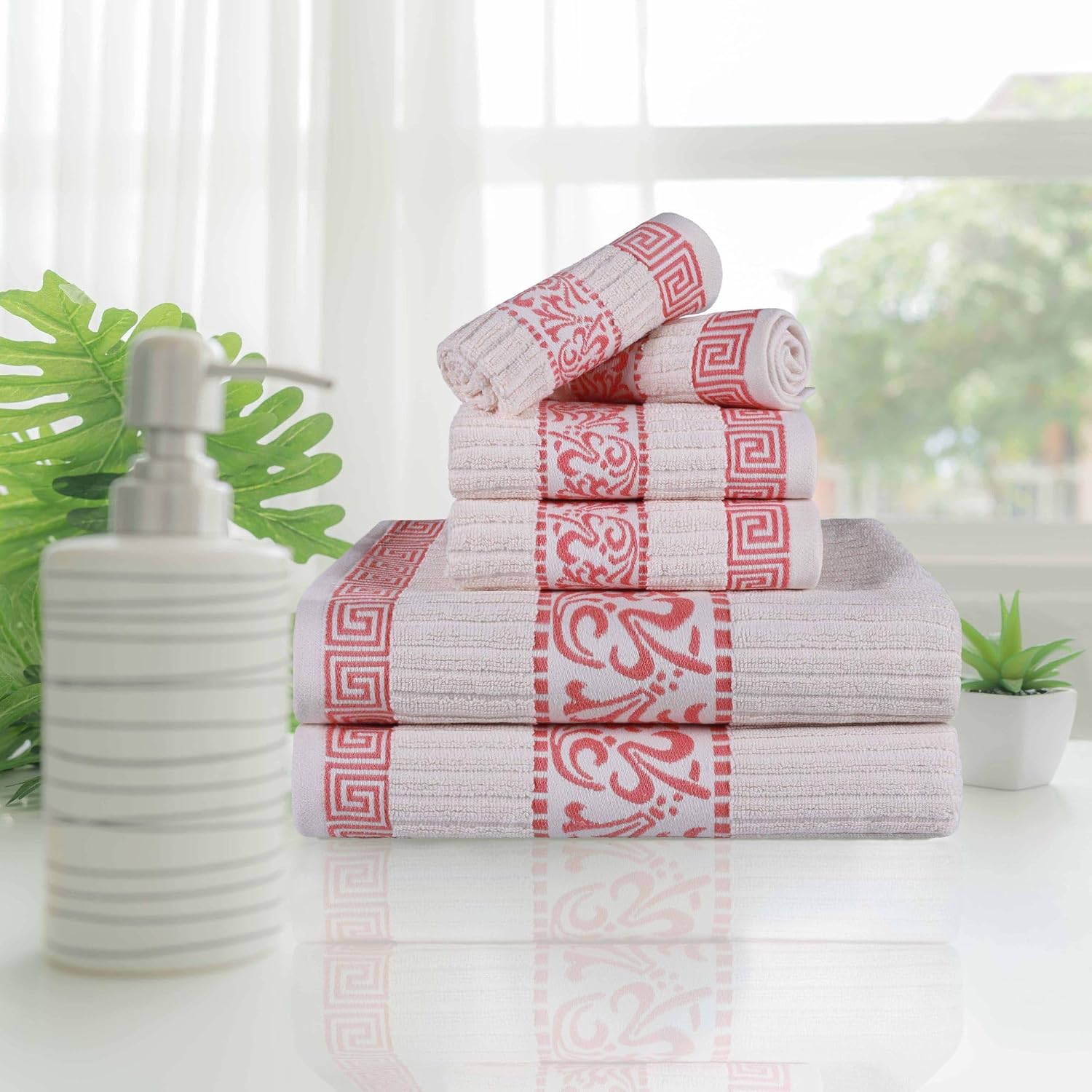 Superior 6-Piece Cotton Towel Set, Decorative Greek Pattern, Home Essentials, Absorbent Towels, Bathroom Decor, Spa