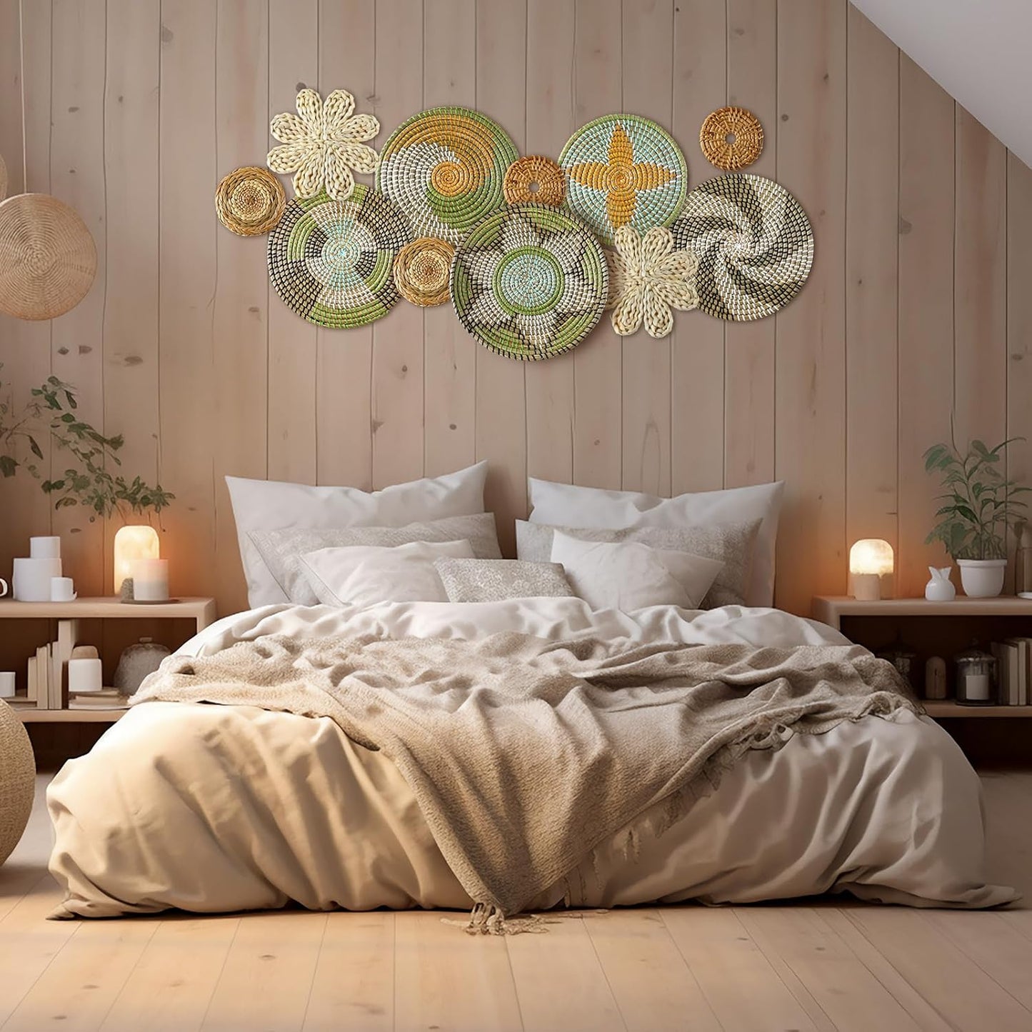 Boho Wall Basket Decor Bulrush Woven Wall Hanging Art Round Farmhouse Rustic / Stylish / Set of 11