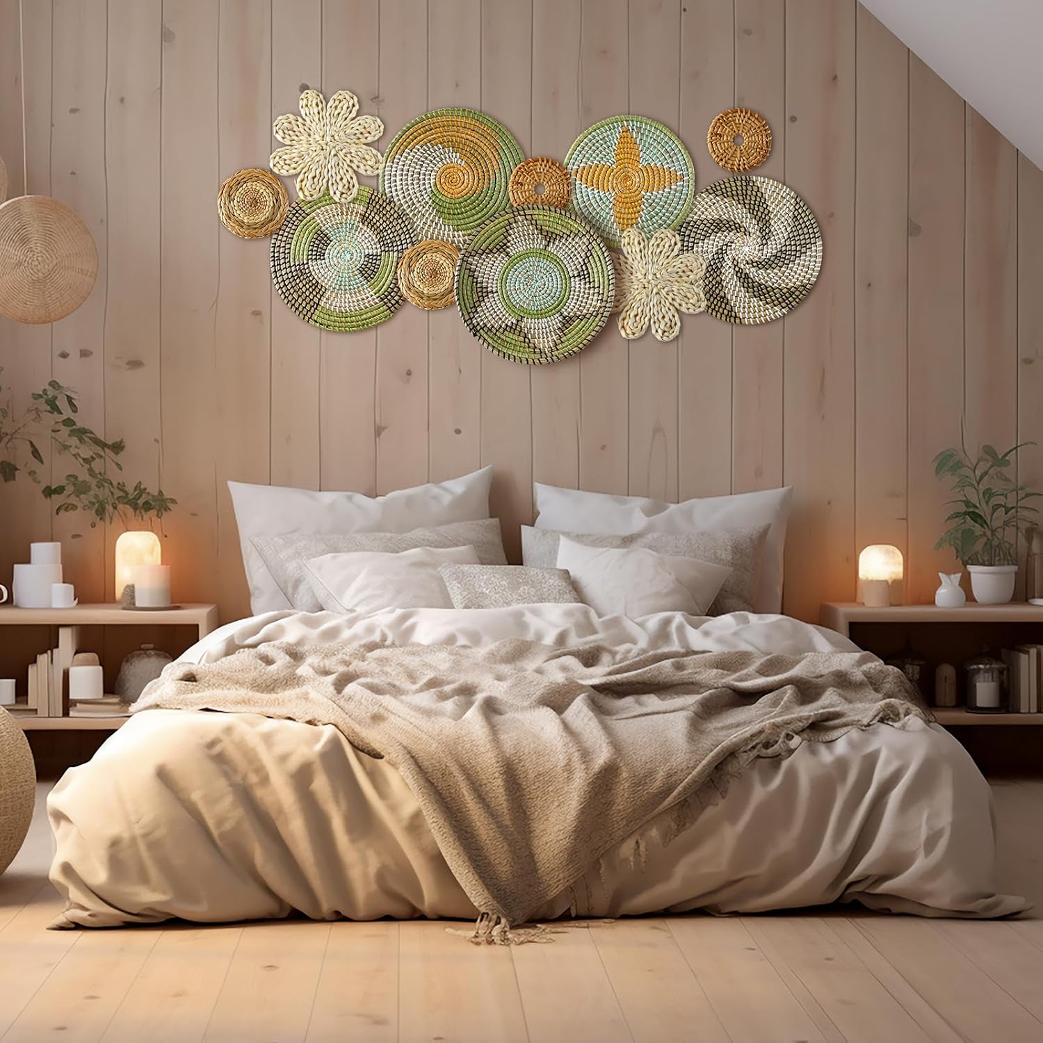 Boho Wall Basket Decor Bulrush Woven Wall Hanging Art Round Farmhouse Rustic / Stylish / Set of 11