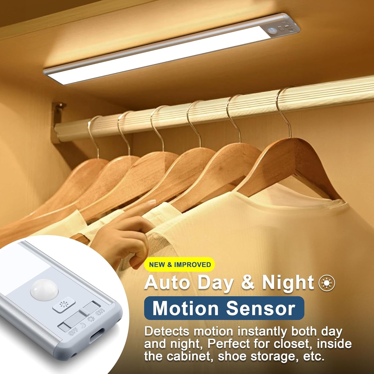 BLS 14.8inch Under Cabinet Lighting, LED Closet Lights, Motion Sensor Light Indoor, Battery Operated USB C