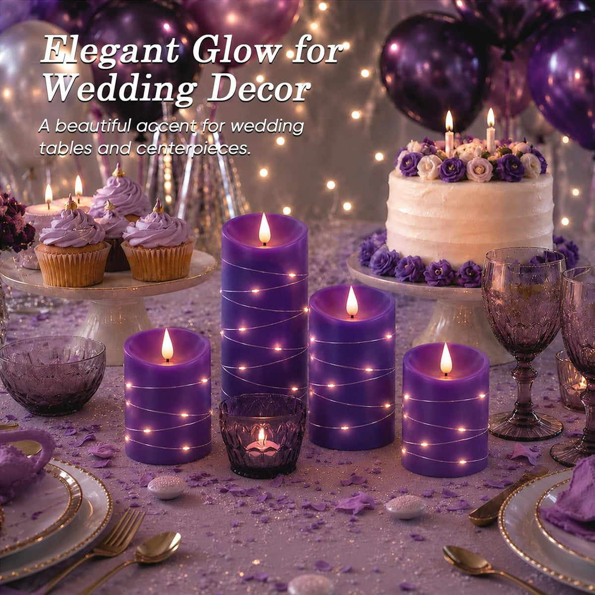 Homemory Purple Flameless Candles with String Lights, Remote Timer, 3 Pack | Flameless candles with string lights, real
