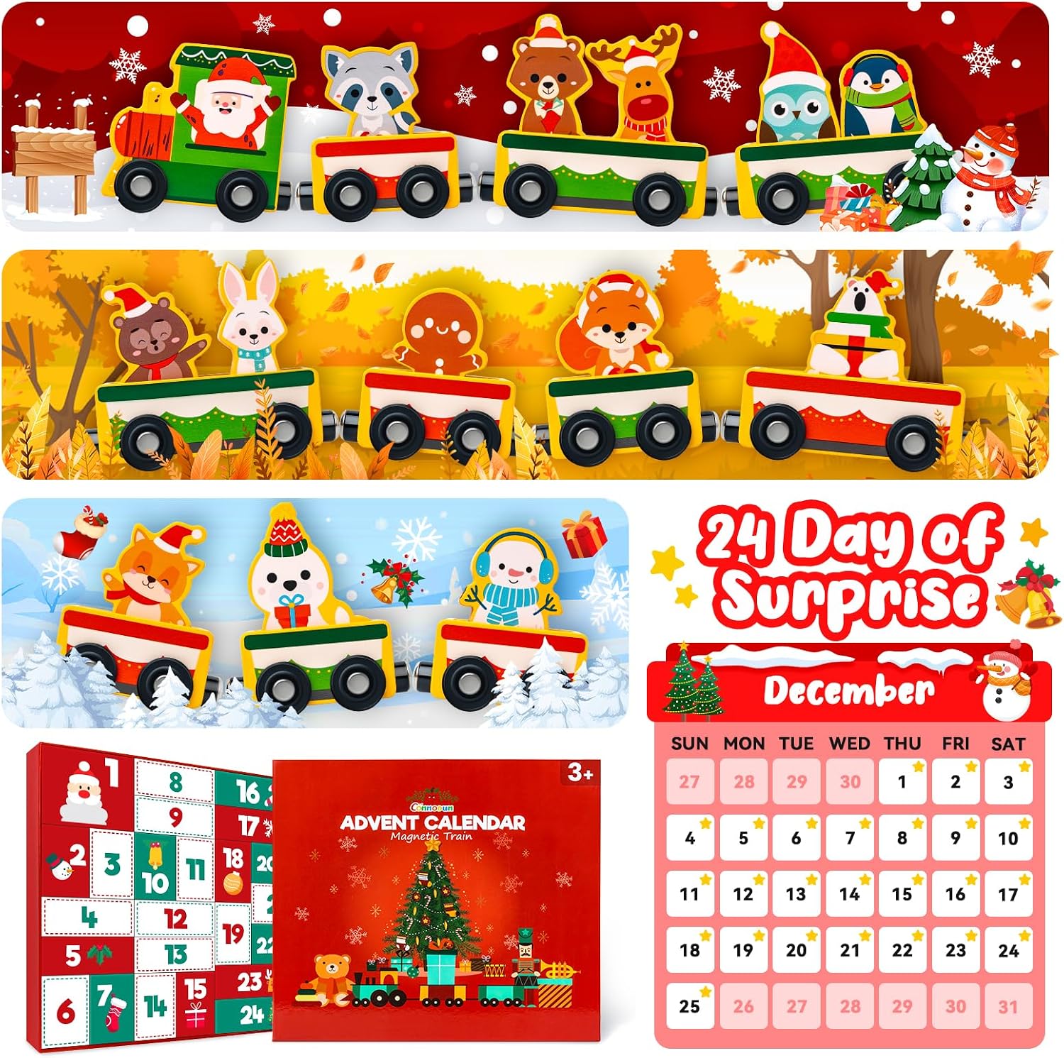 Christmas Advent Calendar Gifts for Kids, Magnetic Wooden Animal Train Set | 2026 24 Days Xmas Surprise Countdown Gifts