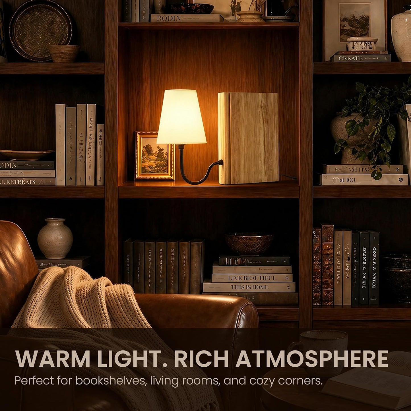 Solid Wood Bookshelf Lamp with Bulb, 3-Color Touch Control Dimmable Table Lamp with Linen Shade, Modern Decorative