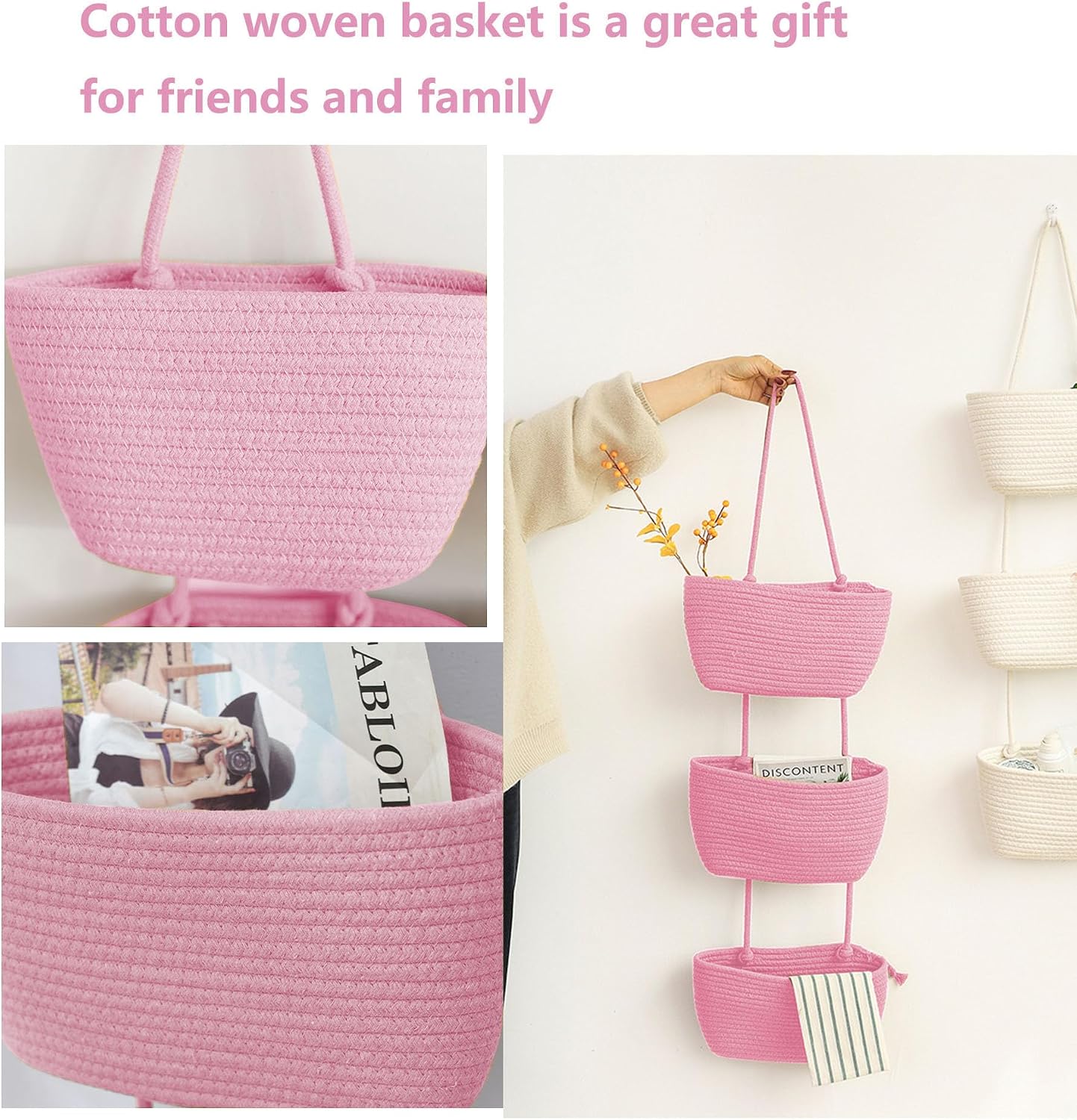 Woven Cotton Hanging Baskets for Organizing Decor 3-Tier Over the Door Wall-Mounted Storage / Pink