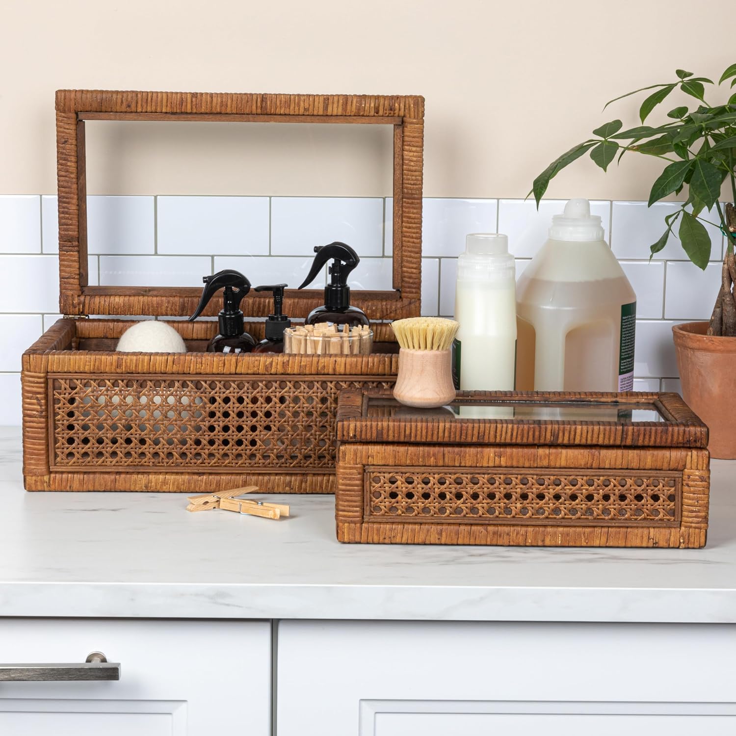 Modern Decorative Rectangle Woven Rattan and Wood Display / Dark Brown / Rectangular / Set of 2