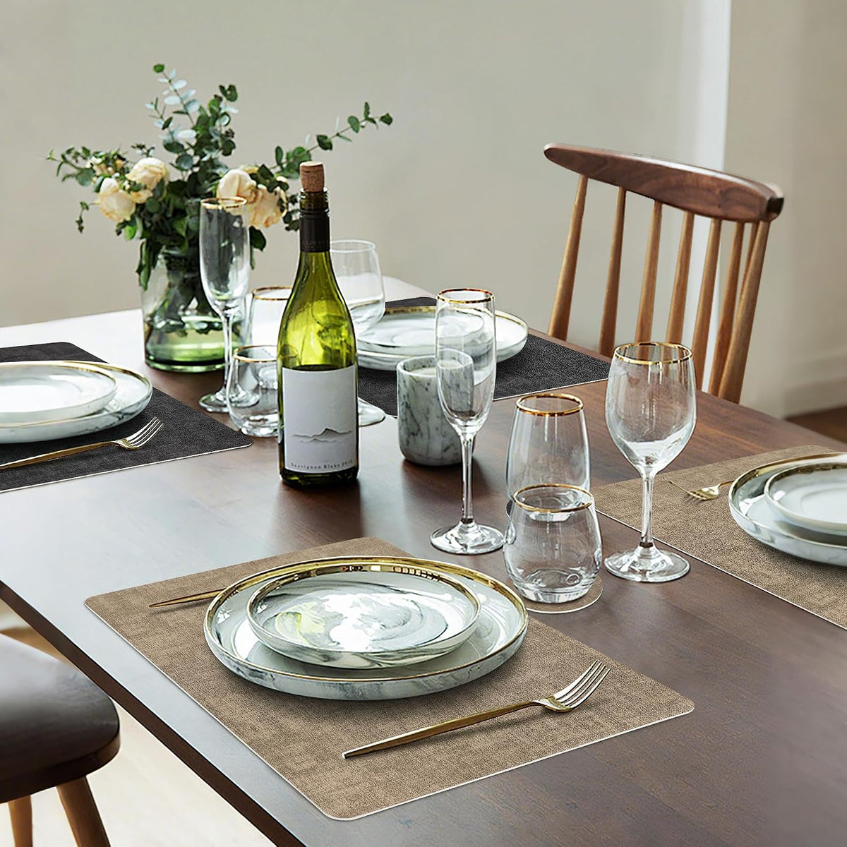 Fyvva Placemats Set of 6 Wipeable Reversible Faux Leather with Coasters | Waterproof, Non-Slip Rectangular Table Mats