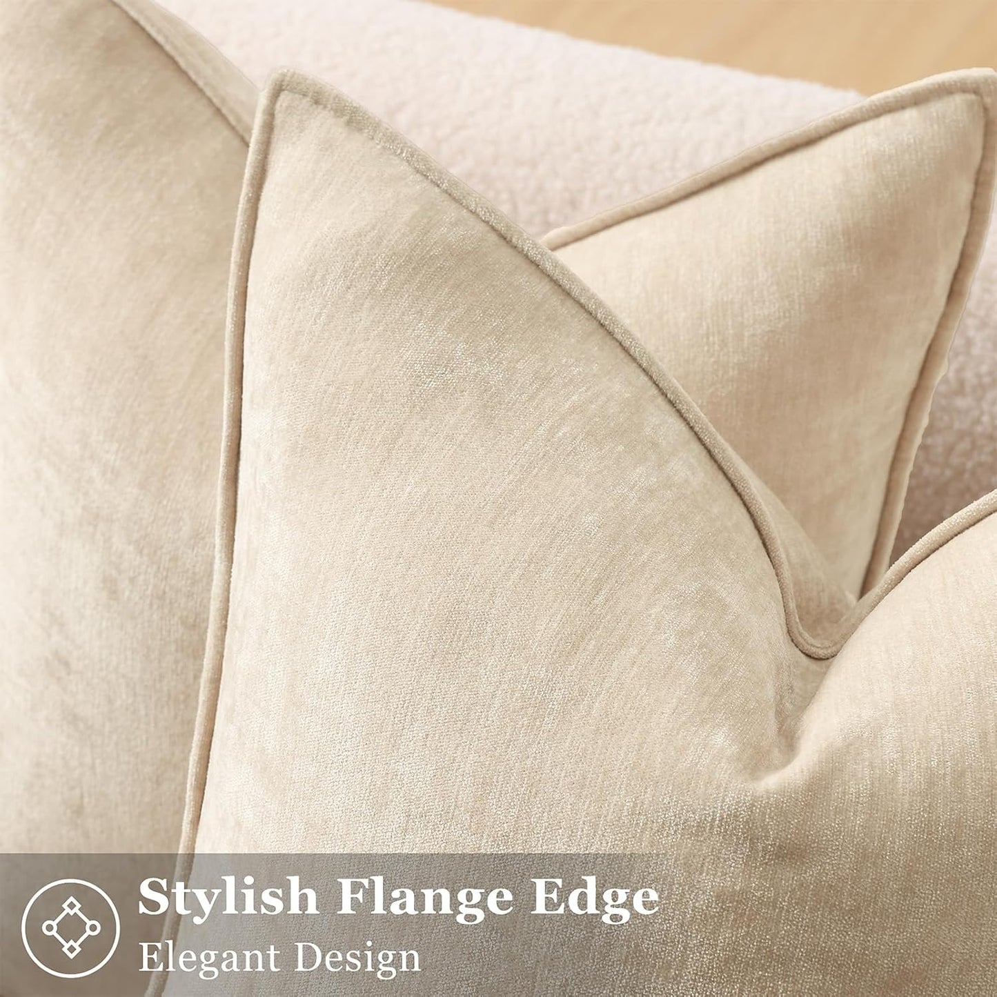 Decorative Soft Velvet Modern Chenille Pillow Cases / Natural Beige / 20 x 20 / Set of 2