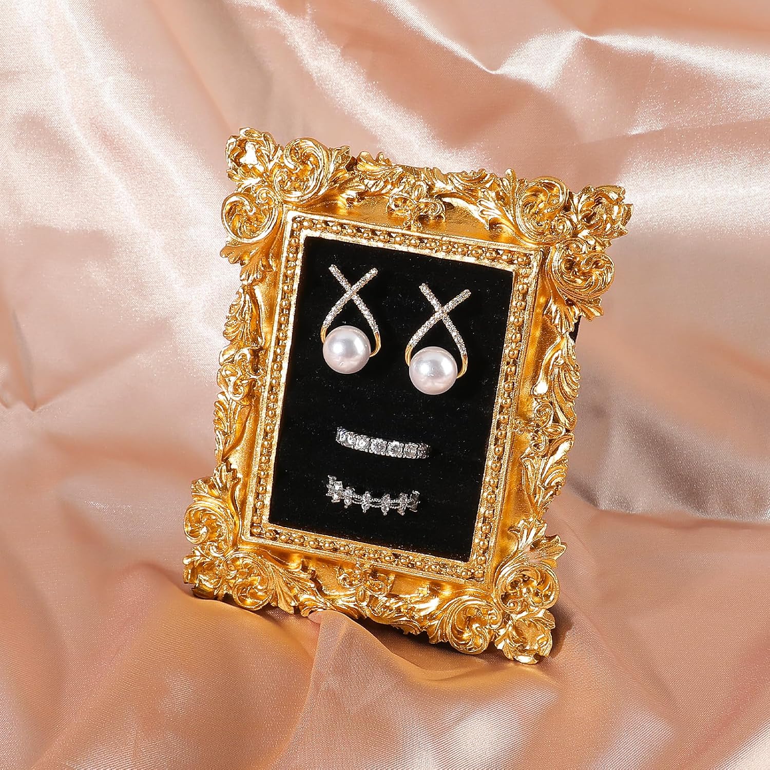 Vintage Ring Holder Rectangle Gold Velvet Display Stand / Mpf05-gold Black