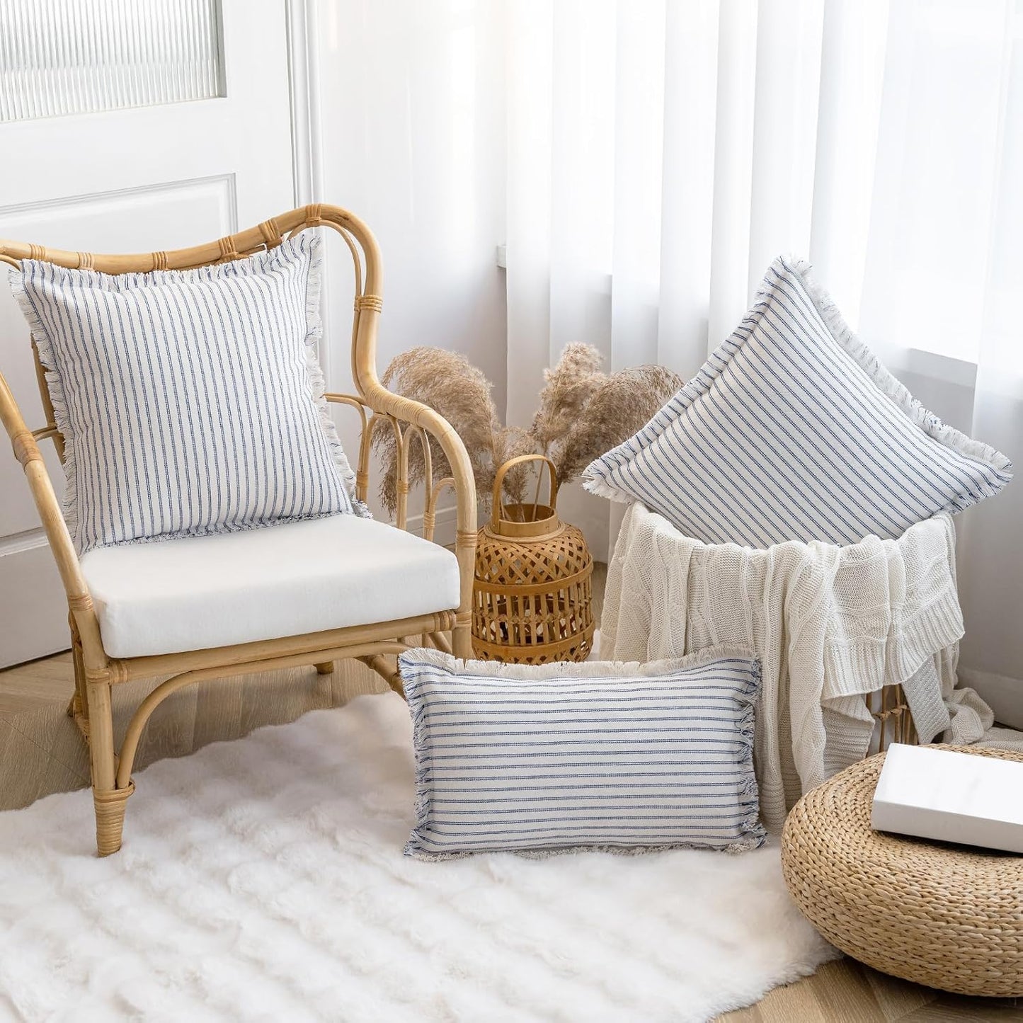 Throw Pillow Covers Striped Fringe Pillow Cover Farmhouse Cushion Covers / Blue / 24 x 24 / Set of 2