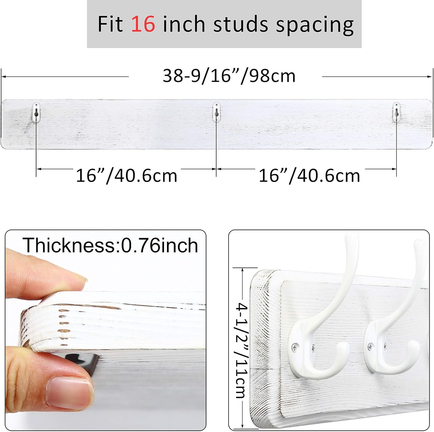 WEBI Coat Rack Wall Mount,10 Hooks,38 9/16" Long Coat Hooks Wall Mounted Large,16" Hole to Hole,Wood Coat Hanger