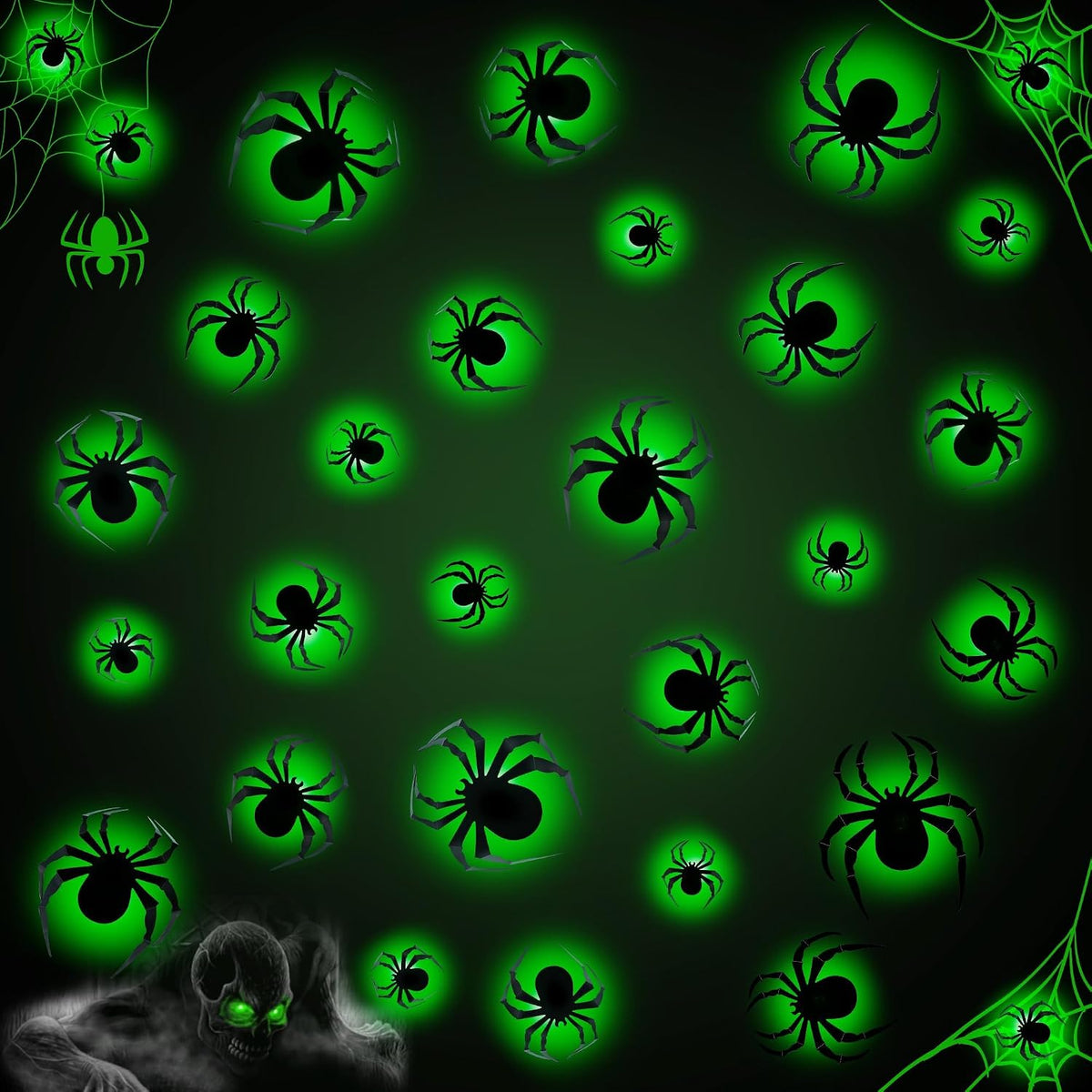 36 PCS LED Green Lighted 3D Spiders Halloween Decoration, 4 Sizes Shapes