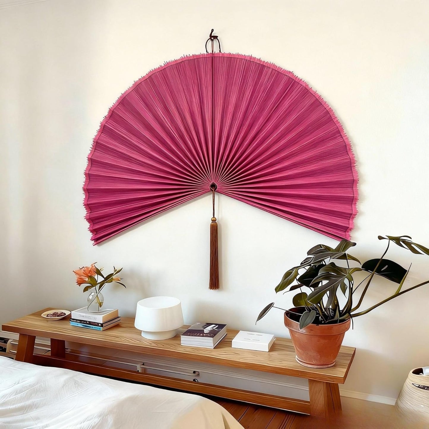 Large Bamboo Fan Wall Art for Boho Hanging Headboard / Rasberry / 31"L x 31"W