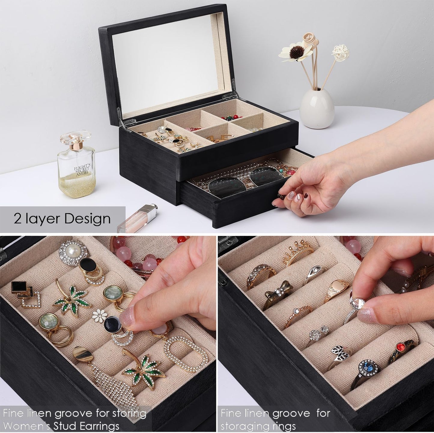 Jewelry Box Organizer for Women / 2 Layer / 2 Layer Black