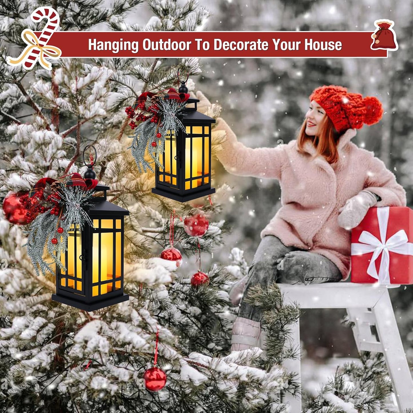 2Packs Christmas Candle Lantern14 Inch, Garden Flashing Candle Light, Decorative Hanging Lantern for Indoor Home Tables