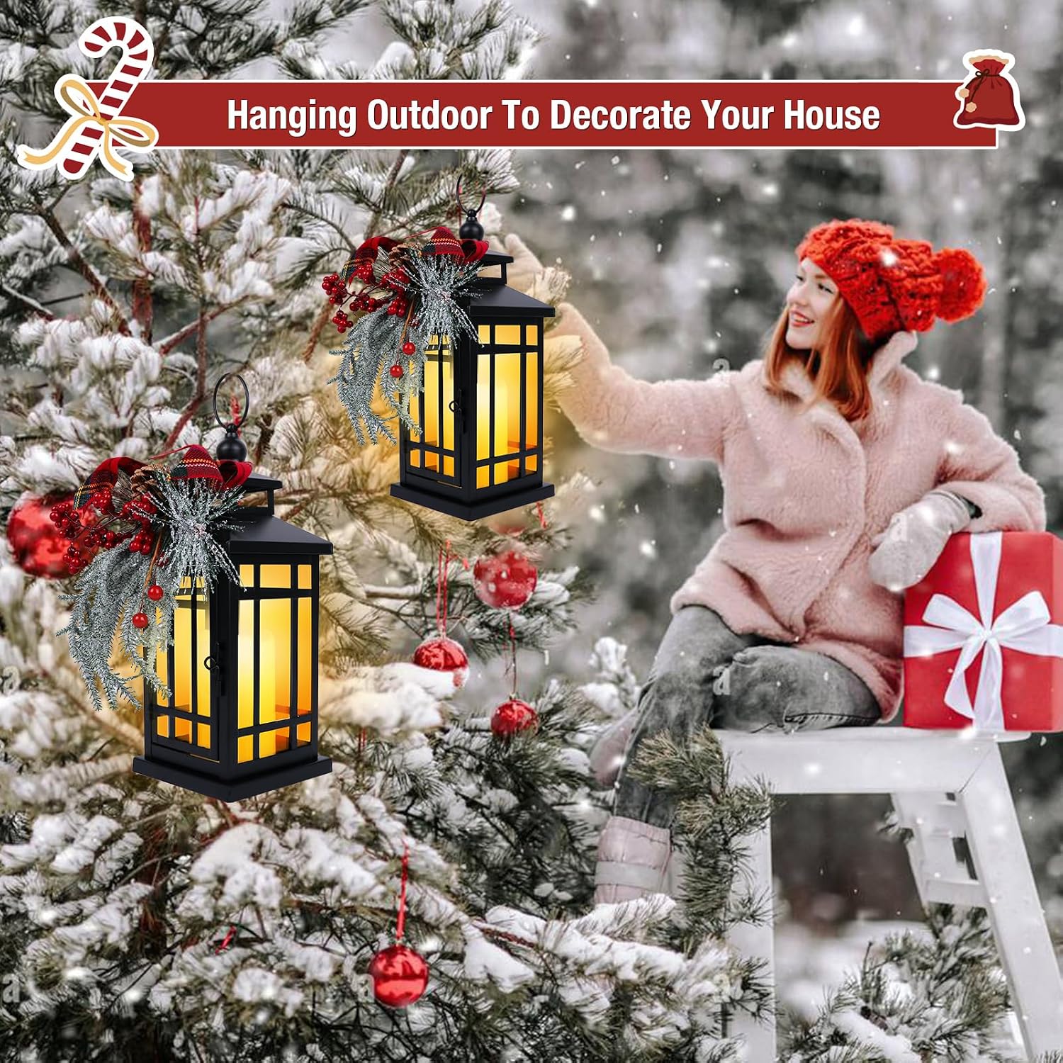 2Packs Christmas Candle Lantern14 Inch, Garden Flashing Candle Light, Decorative Hanging Lantern for Indoor Home Tables
