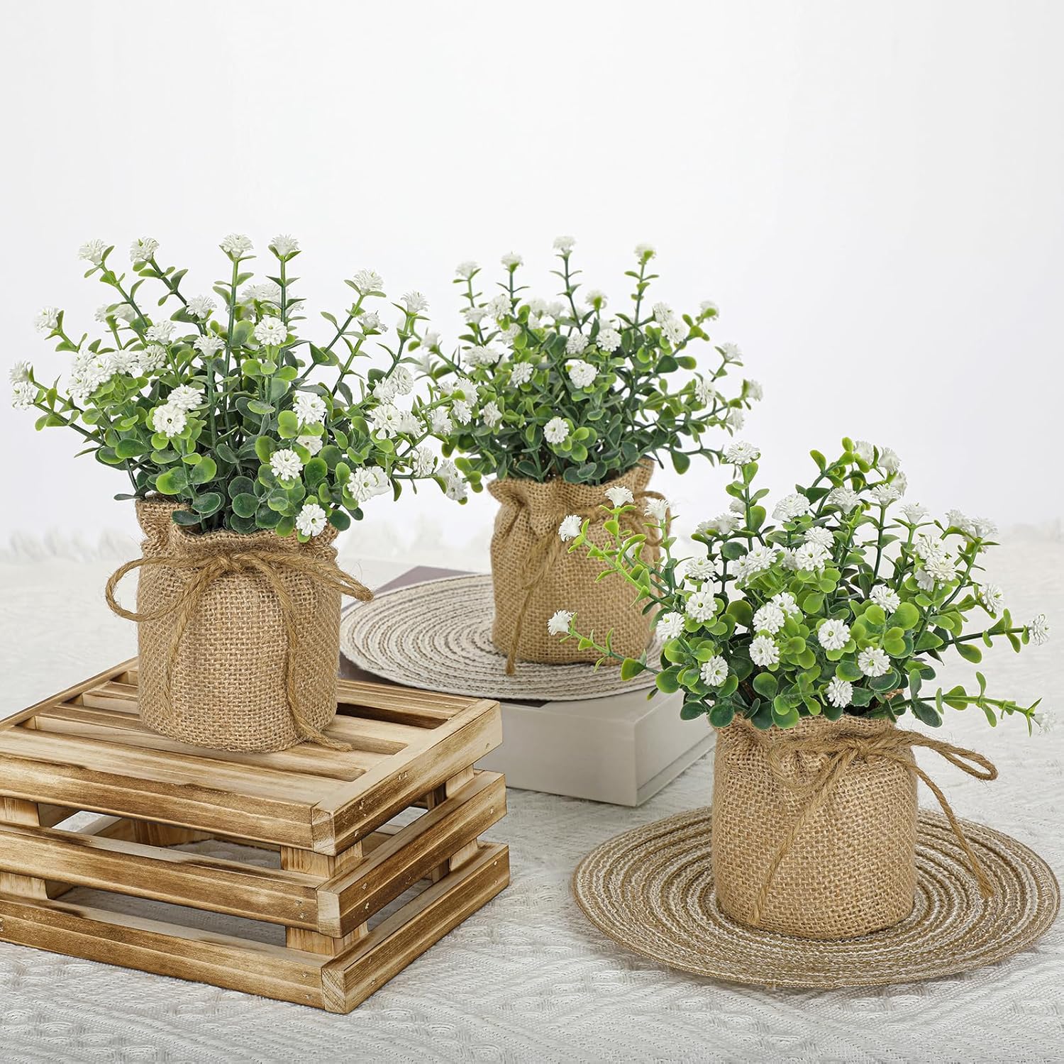Faux Baby’s Breath Plant / White-burlap / Set of 3