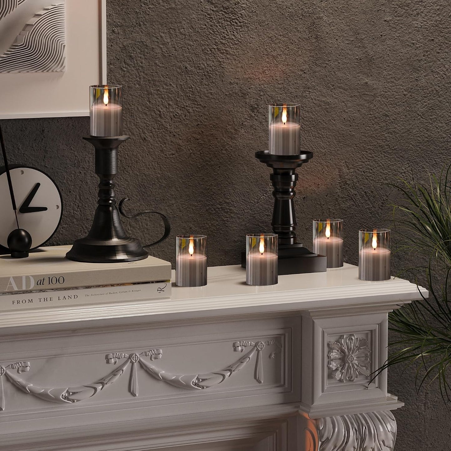 Glass Flameless Votive Candles with Remote, Battery Operated, 6Pack Gray | 2x3" Glass & Real Wax, 2/4/6/8H Timers, 2