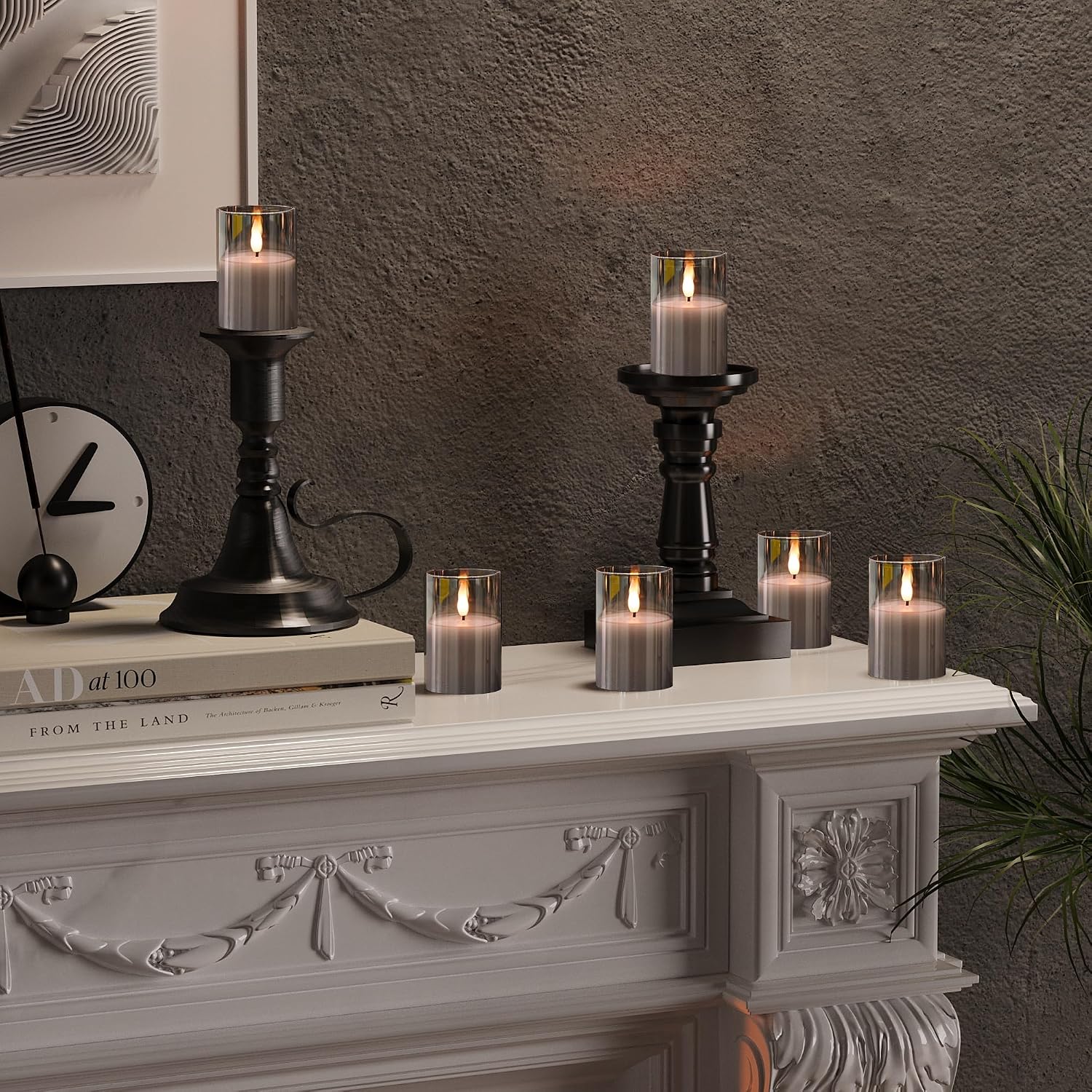 Glass Flameless Votive Candles with Remote, Battery Operated, 6Pack Gray | 2x3" Glass & Real Wax, 2/4/6/8H Timers, 2