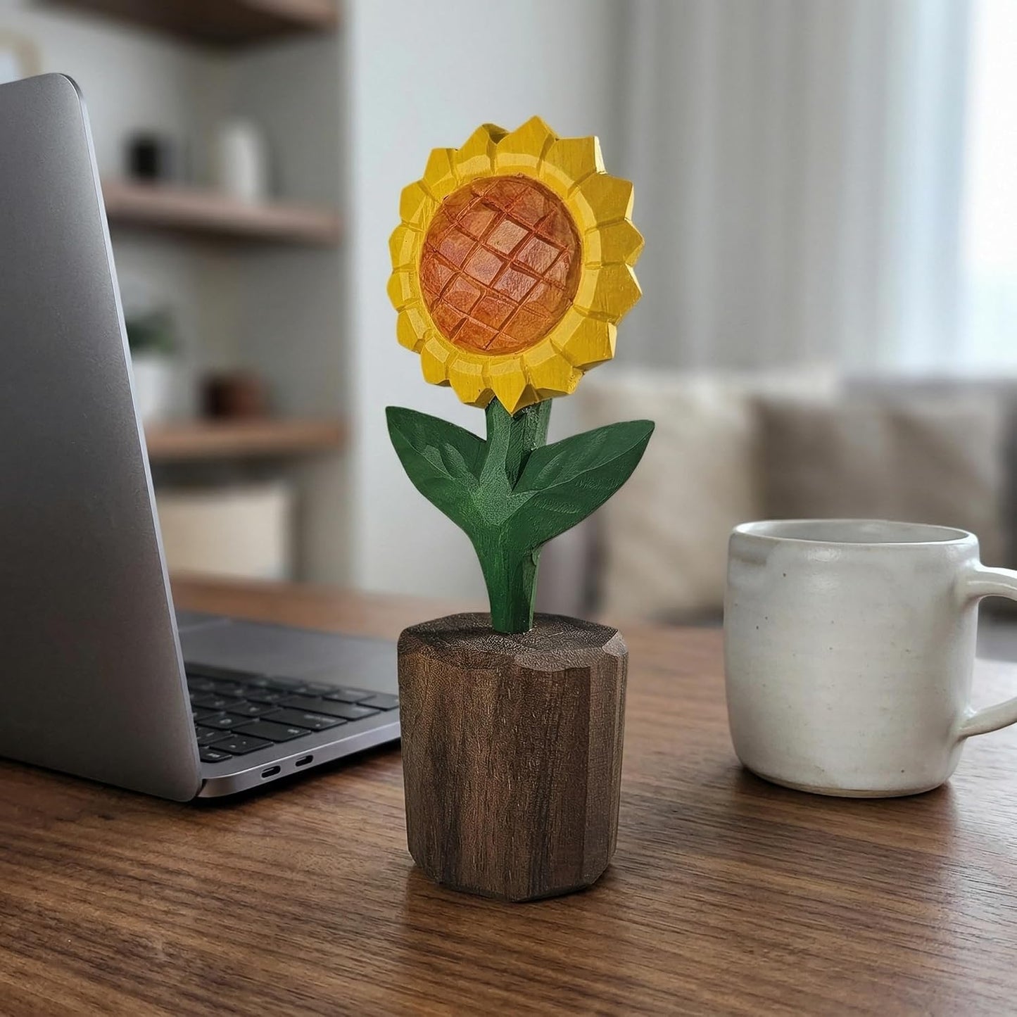 Hand-Carved Wooden Sunflower Figurine / Yellow Sunflower