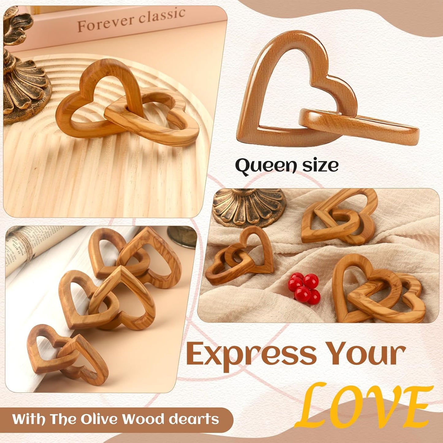 interlinked Olive Wood Hearts / Medium