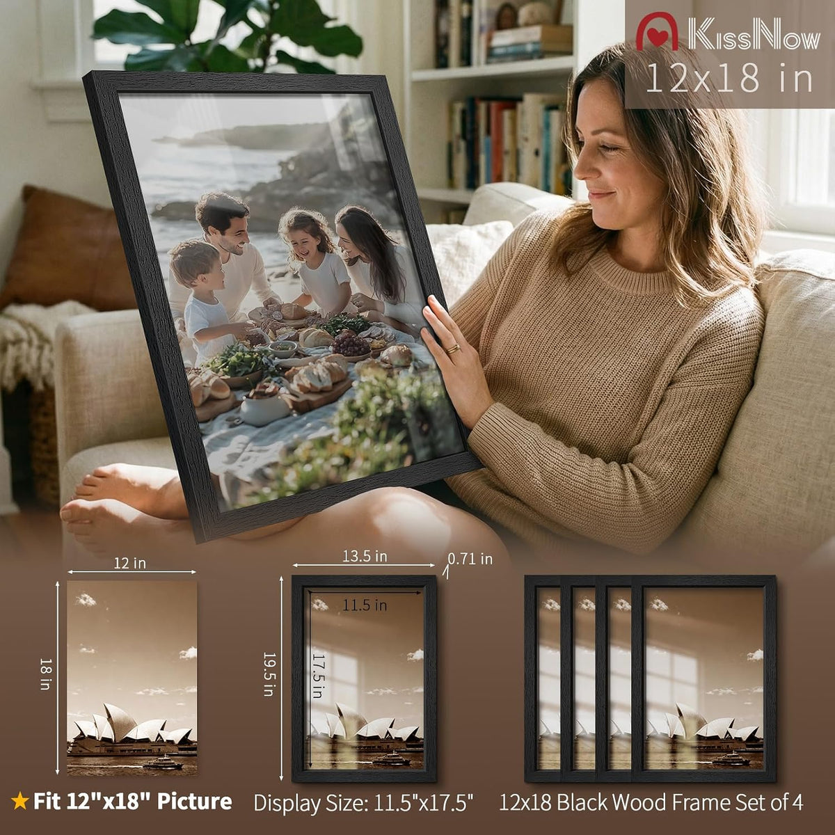 12x18 Poster Frame 4 Pack, Black Solid Wood, Gallery Wall Hanging | Thick & Wide Border, HD Tempered Glass, Vertical or