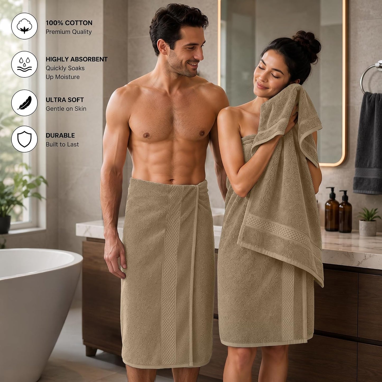 DAN RIVER 600 GSM Cotton Large Bath Towels Set of 4, 27 x 54 Inches, Tan | Larger & Lighter Weight Towels for Bathroom